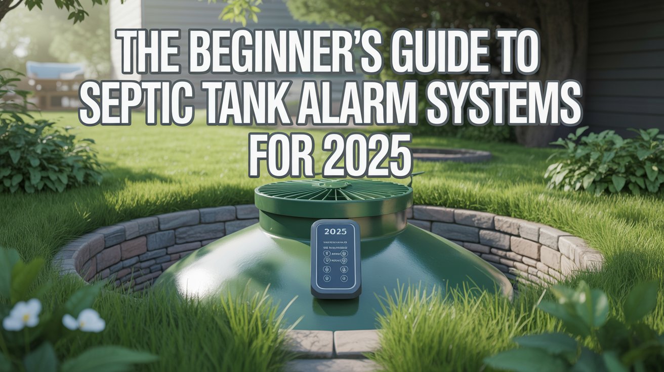 A Pinterest-style infographic pin titled "The Beginner's Guide to Septic Tank Alarm Systems for 2025". The central image features a modern, well-maintained septic tank nestled in a lush green backyard, with a sleek digital alarm panel prominently displayed on its side. Bold, eco-friendly fonts highlight the title and key headings, overlaying a subtly textured background depicting a vibrant, healthy ecosystem. Soft, natural lighting illuminates the scene, suggesting reliability and environmental responsibility while emphasizing the system's integration within a sustainable landscape.