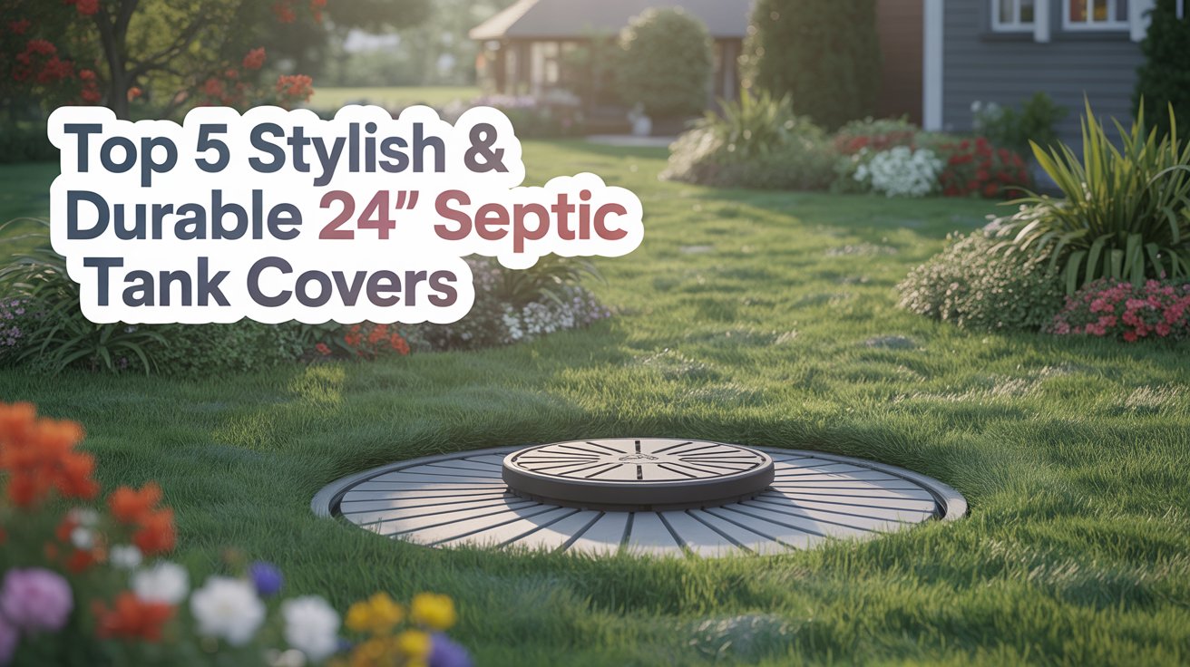 A Pinterest-style lifestyle image showcasing "Top 5 Stylish & Durable 24" Septic Tank Covers" with a clean, inviting aesthetic. The main focus is a beautifully manicured lawn with a newly installed, sleek septic tank cover seamlessly integrated into the landscape; the cover features a modern geometric pattern and a subtle, neutral tone. Surrounding the cover are vibrant green grass, colorful flowerbeds, and a charming garden path, creating a picture-perfect suburban scene, bathed in soft, natural light with a slight bokeh effect in the background. The text "Top 5 Stylish & Durable 24" Septic Tank Covers" appears in a bold, colorful font overlayed on the image, positioned in the upper left corner to catch the viewer's eye.