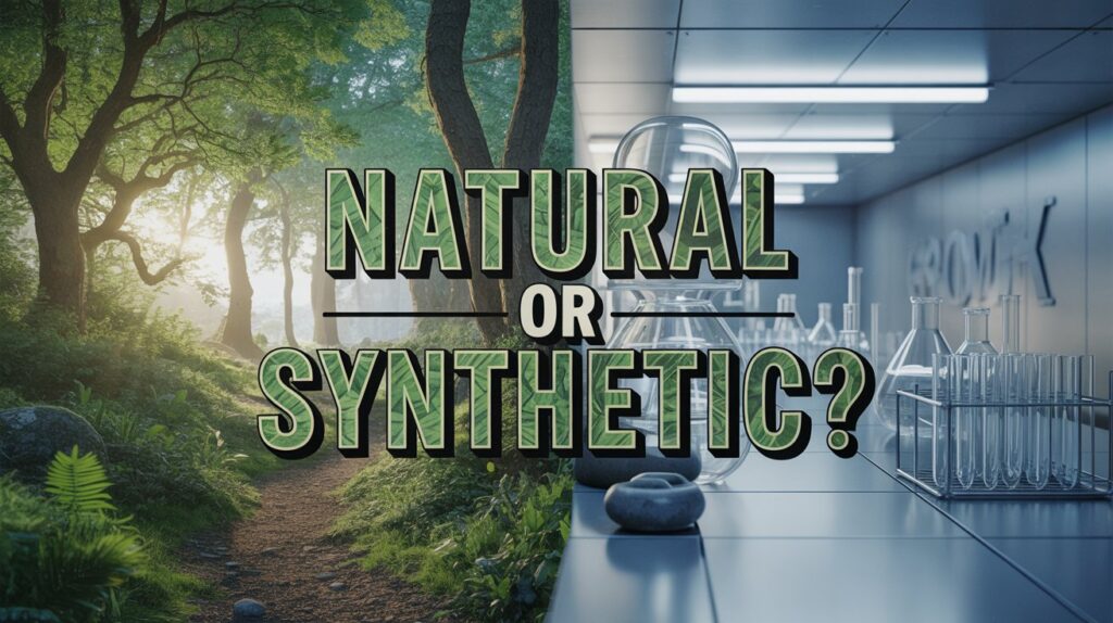 A poster in an environmental illustration style featuring a stark visual contrast between a lush, vibrant forest and a sterile, metallic laboratory. The central question, "natural or synthetic?", is prominently displayed in a bold, eco-friendly font overlaid on a split image – one side showing a flourishing ecosystem and the other a futuristic lab filled with beakers and test tubes. Soft, diffused sunlight filters through the trees on the natural side while the lab area is illuminated by cool, clinical fluorescent lights, creating a clear distinction between the two worlds. The overall tone evokes a sense of thoughtful inquiry about humanity’s impact on the environment.