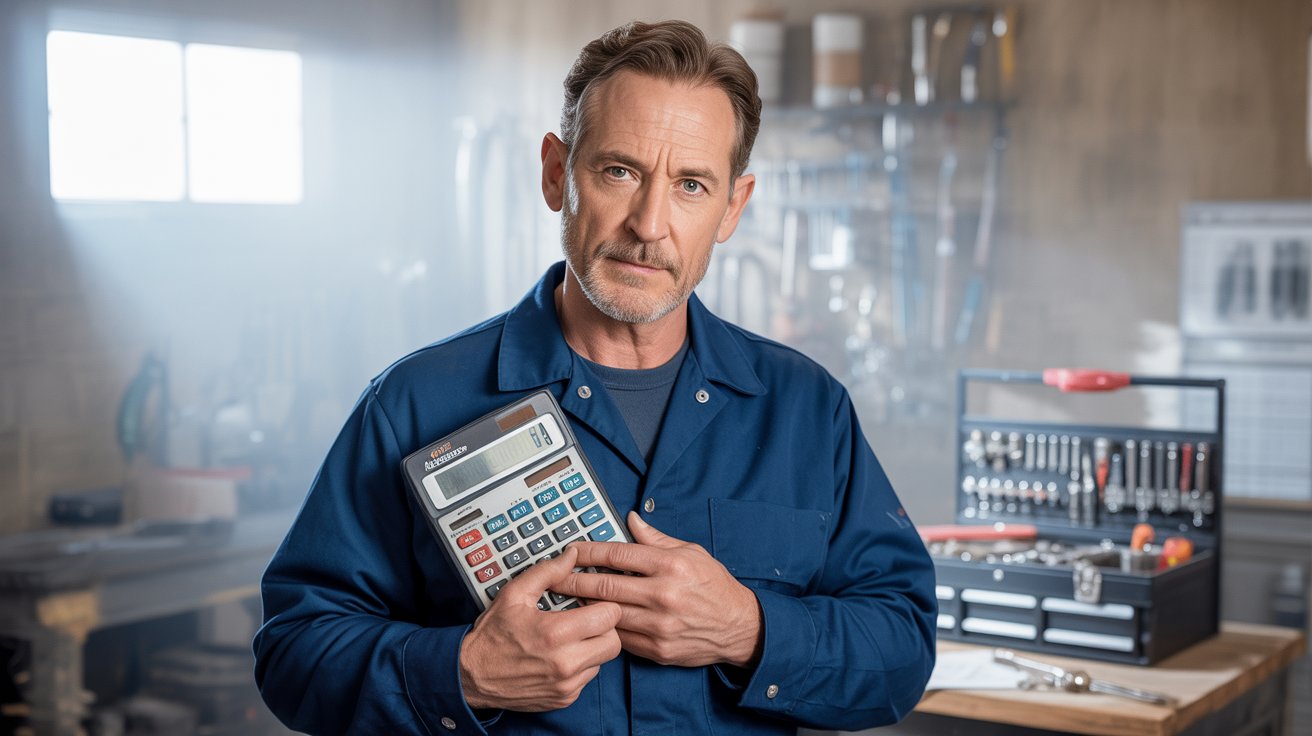 A professional, brightly lit studio portrait showcases a middle-aged plumber with a focused expression, wearing a navy blue uniform and holding a well-worn calculator. He stands slightly off-center, his hands clasped around the calculator, suggesting a meticulous approach to his work and a sense of responsibility. Behind him, a blurred background reveals a partially visible toolbox and neatly organized plumbing supplies, hinting at a busy workshop environment. Soft, diffused lighting illuminates his face, creating a warm and approachable atmosphere while emphasizing the tools of his trade.