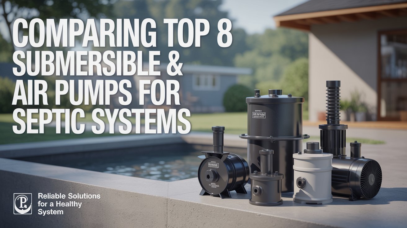 A professional product shot advertisement for various septic tank pumps, featuring a selection of submersible and air pumps neatly arranged on a concrete surface against a softly blurred background of a modern, clean septic tank setup. The pumps are brightly lit with diffused studio lighting highlighting their features and durability, while the background subtly suggests a well-maintained residential setting. Bold, stylish text overlayed at the top reads “"Comparing Top 8 Submersible & Air Pumps for Septic Systems"” in a clean, sans-serif font, accompanied by a small logo of a reputable plumbing supply company in the bottom corner with the tagline “"Reliable Solutions for a Healthy System"”. The overall aesthetic is clean, informative, and reassuring, conveying expertise and trustworthiness to homeowners concerned about septic system maintenance.
