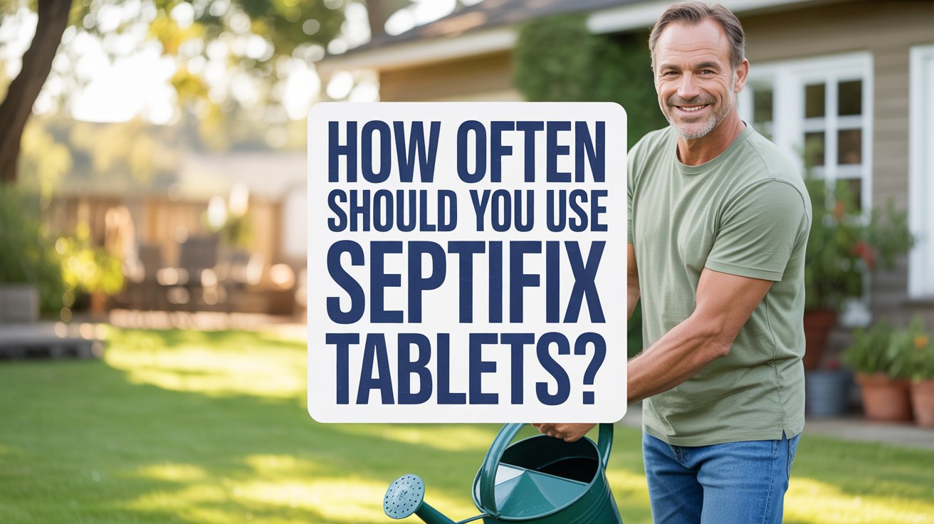 A promotional poster advertising "How Often Should You Use SEPTIFIX Tablets?". A smiling, middle-aged man in casual backyard attire stands confidently in the background, tending to a lush green lawn with a watering can. The foreground prominently features the poster itself, with bold, clear typography and a friendly, approachable design, positioned slightly off-center. Soft, natural sunlight illuminates the scene, creating a warm and inviting atmosphere, emphasizing the product's connection to a healthy home and garden.