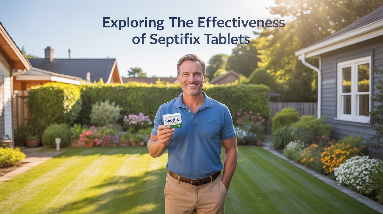 A promotional poster for "Exploring the Effectiveness of Septifix Tablets" featuring a smiling, middle-aged man proudly standing in his well-maintained backyard. He’s wearing casual weekend attire—khaki pants and a blue polo shirt—and has a friendly, approachable expression, holding a small box of Septifix tablets in his hand. The backyard features lush green grass, vibrant flowerbeds, and a neatly trimmed hedge, bathed in warm afternoon sunlight to convey a sense of satisfaction and a healthy lifestyle. The text "Exploring the Effectiveness of Septifix Tablets" is prominently displayed at the top of the poster in a clear, modern font.