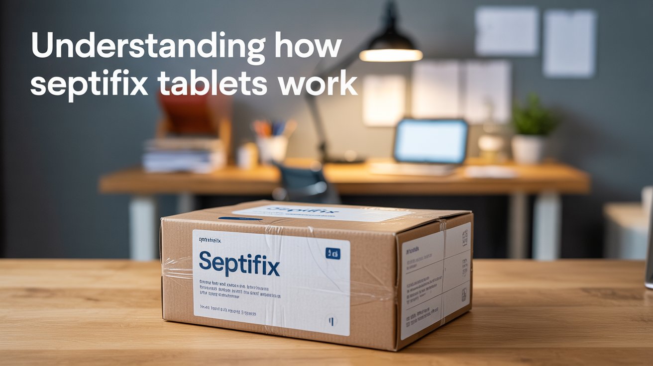 A promotional poster for "Understanding How Septifix Tablets Work" featuring a neatly stacked box of Septifix tablets in the foreground. The brown cardboard box is sealed with clear tape and displays a clean, modern label, showcasing the product name prominently. Behind the box, a blurred background depicts a warmly lit home office setting with a wooden desk, a laptop, and scattered documents, suggesting ease of use and reliability. Soft, diffused lighting enhances the image, highlighting the product and creating a sense of trustworthiness and calm.