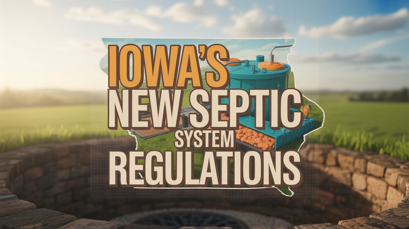 A stylish Pinterest pin illustrating an article titled "Iowa's New Septic System Regulations". The central focus is a vibrant, modern rendering of a septic tank system, showcasing its components with a cutaway view, all rendered in a playful, slightly cartoonish style with bright teal and orange coloring. Bold, colorful typography showcases the article title, with "Iowa's" in a handwritten-style font and "New Septic System Regulations" in a strong, geometric sans-serif font, positioned above the tank illustration. The background features a stylized Iowa landscape, subtly blurred with a warm, sunny glow, and overlaid with a transparent grid pattern, evoking a sense of organized information and modern design.