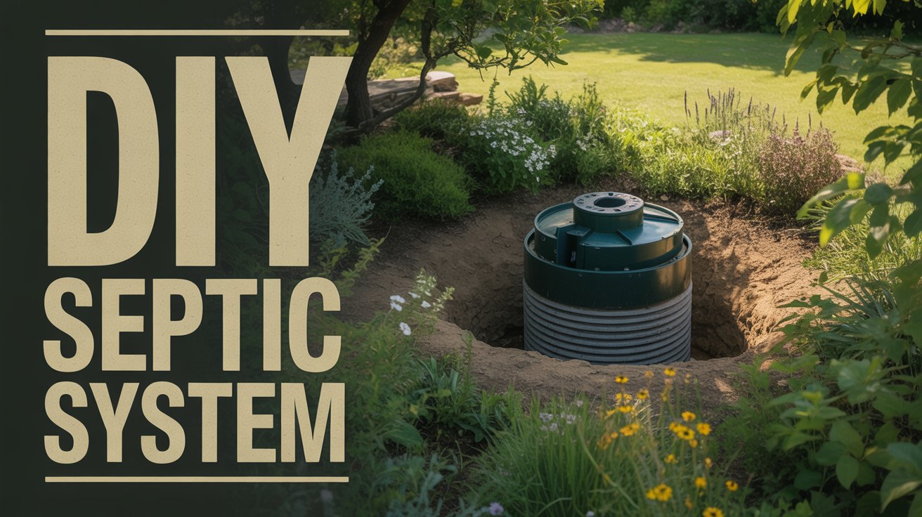 A stylish Pinterest pin showcasing "DIY Septic System" in bold, earthy-toned fonts. The central image features a lush, green backyard with a newly constructed, discreetly integrated septic tank system, surrounded by native wildflowers and shrubs. Sunlight dappled through the leaves illuminates the scene, emphasizing the blend of functionality and environmental harmony. The overall composition suggests a sustainable and aesthetically pleasing solution for rural homeowners, with subtle hints of landscaping and a clean, natural aesthetic.