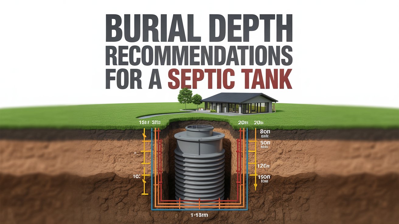 A vibrant Pinterest pin in a modern infographic style titled "Burial Depth Recommendations for a Septic Tank". The graphic features a cross-section diagram of the ground, showcasing a septic tank buried at varying depths, with clearly labeled measurements and soil layers, rendered in bright, contrasting colors. Bold, colorful typography highlights key depth recommendations and technical specifications, emphasizing readability and visual appeal against a clean, white background. A subtle, stylized illustration of a healthy green lawn and a modern house completes the scene, hinting at the benefits of proper septic tank installation.