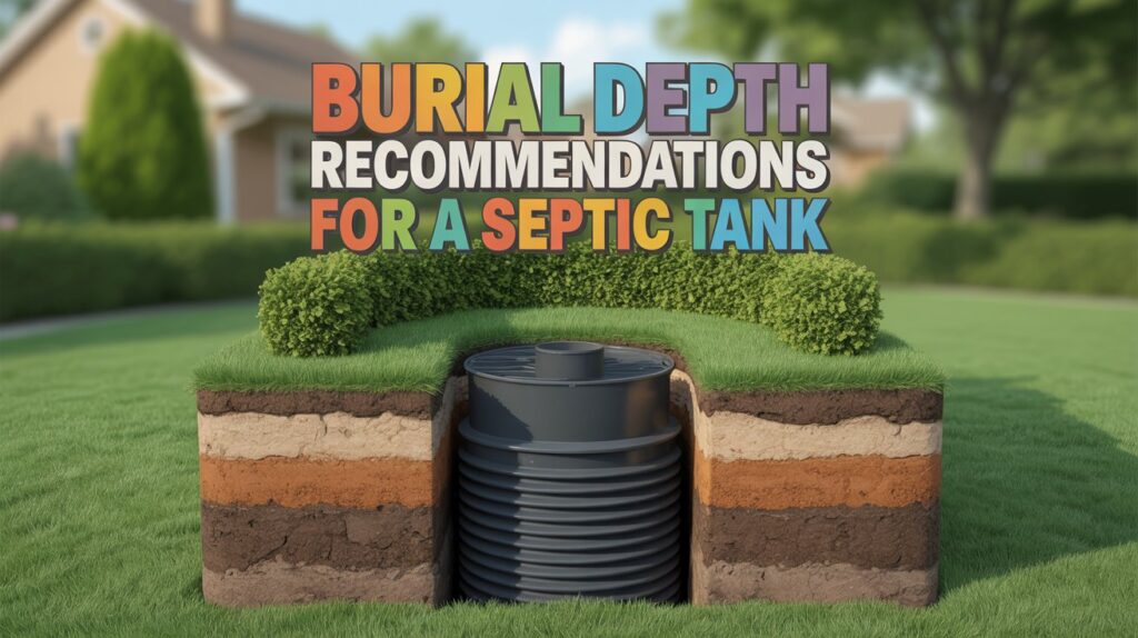 Burial Depth Recommendations for a Septic Tank A vibrant Pinterest pin showcasing "Burial Depth Recommendations for a Septic Tank" in a cheerful, informative style. The central focus is a stylized cross-section diagram of a septic tank installation, vividly illustrating various soil layers and depth markers with bold, rainbow-colored typography clearly labeling each zone. Surrounding the diagram is a soft, blurred background depicting a lush green lawn with a neatly trimmed hedge, creating a sense of suburban tranquility. The overall design is clean and inviting, with a playful font choice and bright colors to capture attention and convey a positive message about responsible septic system maintenance.