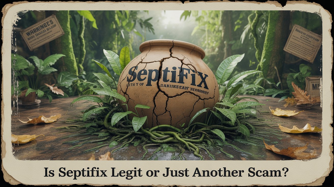 A vintage investigative poster with a distressed, aged paper texture questioning "Is Septifix Legit or Just Another Scam?". The central focus is a dramatically cracked, earthenware Septifix container bursting from a vibrant rainforest floor, the fissures revealing a disturbing glimpse of murky, polluted subterranean waterways and root systems. Lush green foliage with dew-kissed leaves and twisting vines aggressively embraces the container, while subtle, faded warnings and scattered dried leaves litter the background, hinting at environmental neglect. Soft, diffused light filters through the dense canopy above, casting long shadows and highlighting the stark contrast between the thriving rainforest and the contaminated depths within.