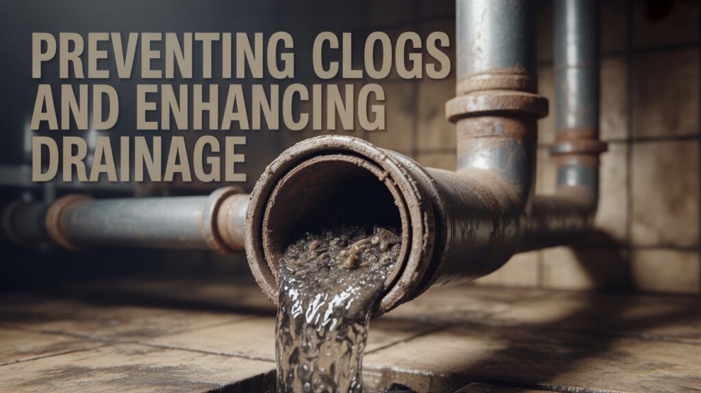 Understanding How Septifix Tablets Work A vintage-style informational poster with the text "Preventing Clogs and Enhancing Drainage" displayed prominently in a bold, sans-serif font. The central focus is a dramatically lit, cross-section of a heavily clogged pipe, overflowing with debris and grime, showcasing the severity of the problem. Behind the pipe, a blurred background depicts a network of old, rusty pipes winding through a dimly lit basement, suggesting a larger plumbing system struggling with drainage issues. Soft, diffused lighting highlights the textures of the pipe and debris, emphasizing the importance of preventative maintenance.