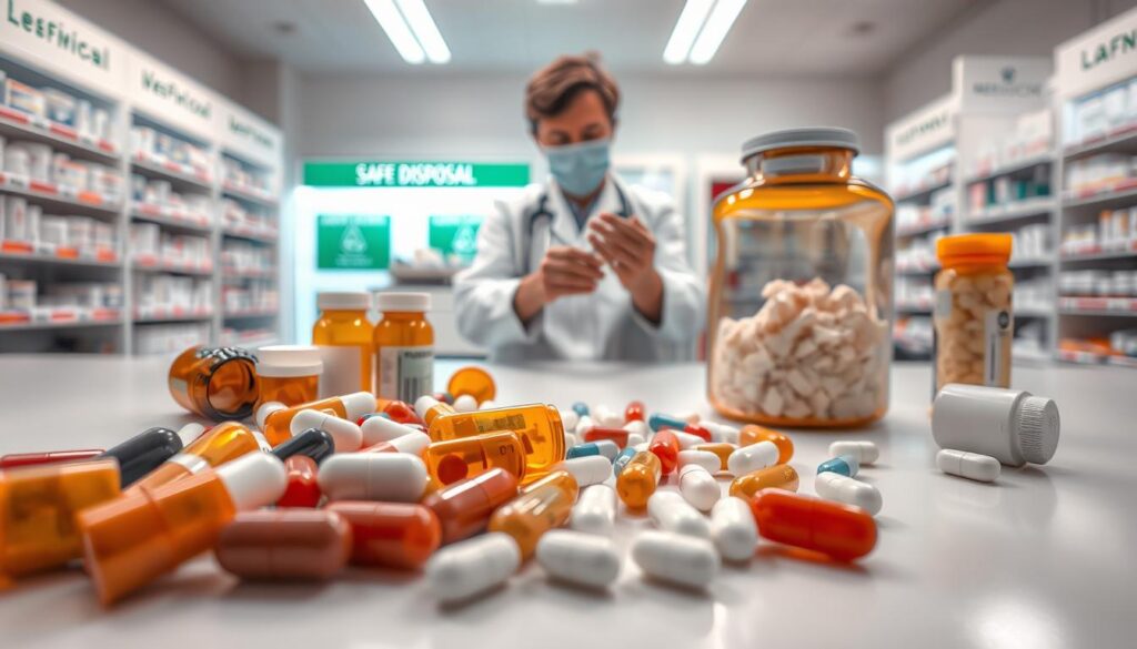 A well-lit, high-resolution image of various medication disposal methods. In the foreground, a collection of pill bottles, capsules, and tablets on a clean, white surface. In the middle ground, a pharmacist or healthcare professional demonstrating the proper disposal techniques, such as mixing medications with an unpalatable substance or placing them in a sealed container. In the background, a clean, modern medical facility or pharmacy, with shelves of medications and signage indicating safe disposal guidelines. The overall scene conveys a sense of responsible, environmentally-conscious medical practices aimed at preventing improper pharmaceutical waste.