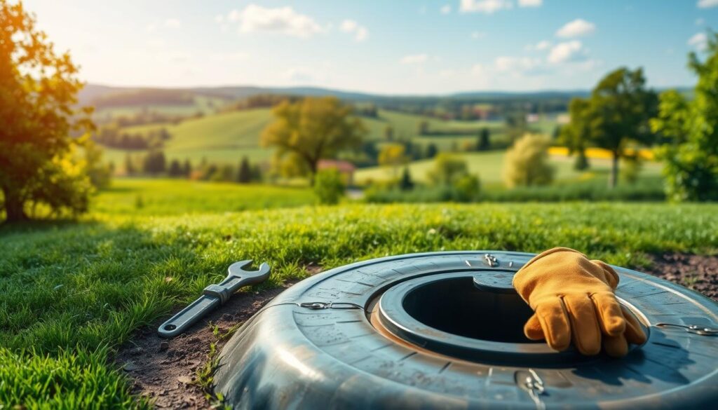 A well-maintained septic tank situated amidst a lush, verdant landscape. The foreground features a clean, well-kept septic system access port, with a wrench and a pair of work gloves neatly arranged nearby, conveying a sense of care and attention. The middle ground showcases a tranquil, grassy area surrounding the septic tank, hinting at the importance of proper septic system management. In the background, a picturesque countryside scene unfolds, with rolling hills, flourishing trees, and a clear, blue sky, creating a serene and idyllic atmosphere. The lighting is soft and natural, casting a warm glow over the entire scene, emphasizing the harmony between the septic system and its natural environment. The overall composition suggests the importance of responsible septic tank care in maintaining a healthy, sustainable ecosystem.