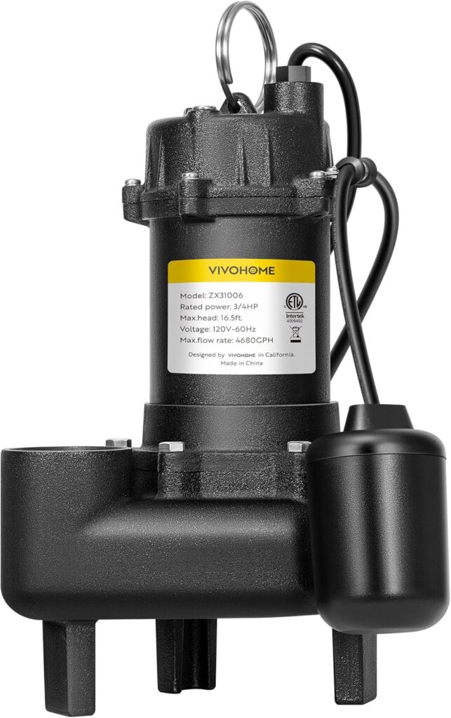 VIVOHOME 3/4 HP Submersible Cast Iron Sewage/Effluent Pump, 4680 GPH Float Switch Sump Pump with 2 NPT Discharge for Basement, Septic Tank