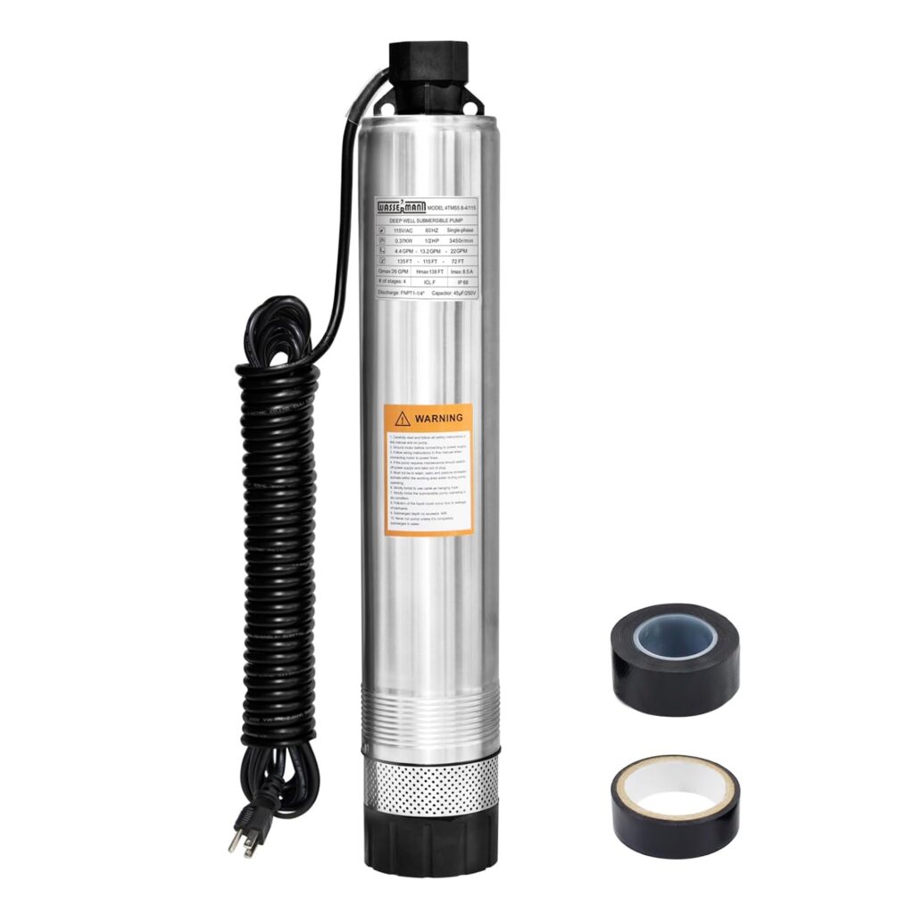 WASSERMANN 4 Septic Pump Submersible Effluent/Cistern Bottom Suction Pump with 33FT Cable,1/2HP,115V/60HZ,26GPM,138FT Head,Stainless Steel Deep Well Pump for Septic Tank Home