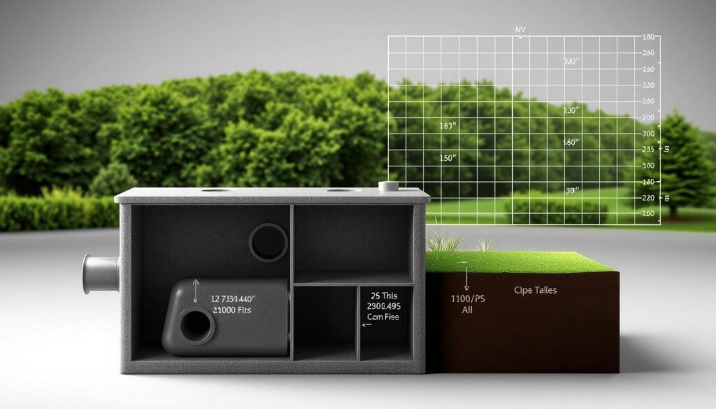 A cross-sectional diagram showcasing the standard dimensions and capacities of a septic tank. The tank is depicted in the foreground, rendered in muted shades of concrete and steel, with its various compartments and openings clearly visible. The middle ground features a lush, verdant landscape, symbolizing the tank's integration with the natural environment. In the background, a technical illustration-style grid provides precise measurements and annotations, allowing the viewer to fully grasp the technical specifications. The lighting is soft and evenly distributed, creating a sense of clarity and precision. The overall composition emphasizes the importance of proper septic tank sizing for a residential property. A cross-sectional diagram showcasing the standard dimensions and capacities of a septic tank. The tank is depicted in the foreground, rendered in muted shades of concrete and steel, with its various compartments and openings clearly visible. The middle ground features a lush, verdant landscape, symbolizing the tank's integration with the natural environment. In the background, a technical illustration-style grid provides precise measurements and annotations, allowing the viewer to fully grasp the technical specifications. The lighting is soft and evenly distributed, creating a sense of clarity and precision. The overall composition emphasizes the importance of proper septic tank sizing for a residential property.
