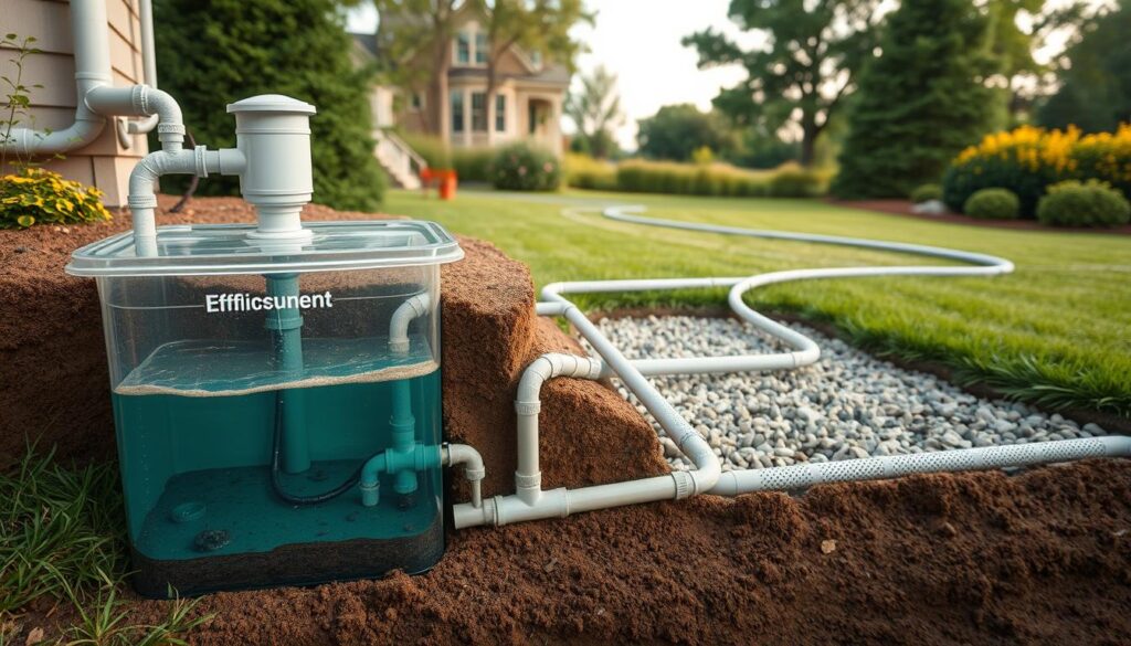 A detailed cutaway view of a residential septic system in operation. In the foreground, a transparent septic tank filled with effluent and sludge layers, with pipes connected to the distribution box. In the middle ground, a network of perforated drainage pipes dispersing the treated wastewater into a gravel-filled leach field. In the background, lush vegetation and a well-manicured lawn, suggesting a healthy, functioning system. The lighting is soft and natural, creating a sense of calm and order. The camera angle provides a clear, unobstructed view of the entire septic system process, allowing the viewer to understand how it works efficiently to treat and dispose of household waste. A detailed cutaway view of a residential septic system in operation. In the foreground, a transparent septic tank filled with effluent and sludge layers, with pipes connected to the distribution box. In the middle ground, a network of perforated drainage pipes dispersing the treated wastewater into a gravel-filled leach field. In the background, lush vegetation and a well-manicured lawn, suggesting a healthy, functioning system. The lighting is soft and natural, creating a sense of calm and order. The camera angle provides a clear, unobstructed view of the entire septic system process, allowing the viewer to understand how it works efficiently to treat and dispose of household waste.