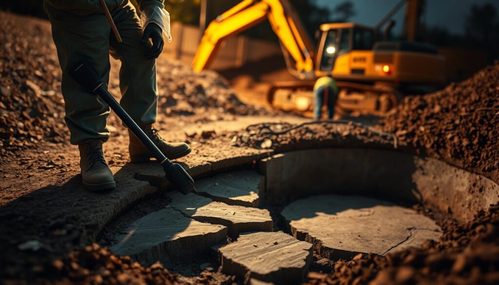 A detailed, well-lit scene of professional septic tank repair methods. In the foreground, a technician in protective gear examines a cracked septic tank, tools in hand. The middle ground showcases the repair process, with a team carefully patching the damaged concrete. In the background, an excavator operates, providing context for the scale of the project. The scene is illuminated by warm, directional lighting, emphasizing the intricate nature of the repairs. The overall tone conveys the expertise and care required to address serious septic tank issues. A detailed, well-lit scene of professional septic tank repair methods. In the foreground, a technician in protective gear examines a cracked septic tank, tools in hand. The middle ground showcases the repair process, with a team carefully patching the damaged concrete. In the background, an excavator operates, providing context for the scale of the project. The scene is illuminated by warm, directional lighting, emphasizing the intricate nature of the repairs. The overall tone conveys the expertise and care required to address serious septic tank issues.