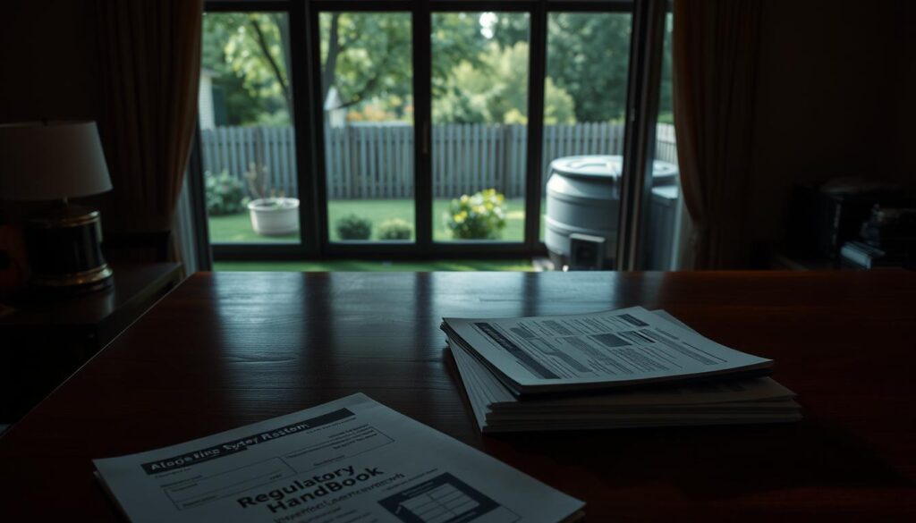 A dimly lit office interior, with a large wooden desk taking center stage. On the desk, a stack of official-looking documents, including a regulatory handbook and a septic system inspection report. In the background, a window overlooking a suburban neighborhood, where a septic tank sits in the lush green backyard. The lighting is soft and warm, casting shadows that convey a sense of seriousness and importance. The overall atmosphere is one of legal responsibility and the potential consequences of neglecting septic system maintenance. The angle is slightly elevated, giving the viewer a sense of the gravity of the situation. A dimly lit office interior, with a large wooden desk taking center stage. On the desk, a stack of official-looking documents, including a regulatory handbook and a septic system inspection report. In the background, a window overlooking a suburban neighborhood, where a septic tank sits in the lush green backyard. The lighting is soft and warm, casting shadows that convey a sense of seriousness and importance. The overall atmosphere is one of legal responsibility and the potential consequences of neglecting septic system maintenance. The angle is slightly elevated, giving the viewer a sense of the gravity of the situation.