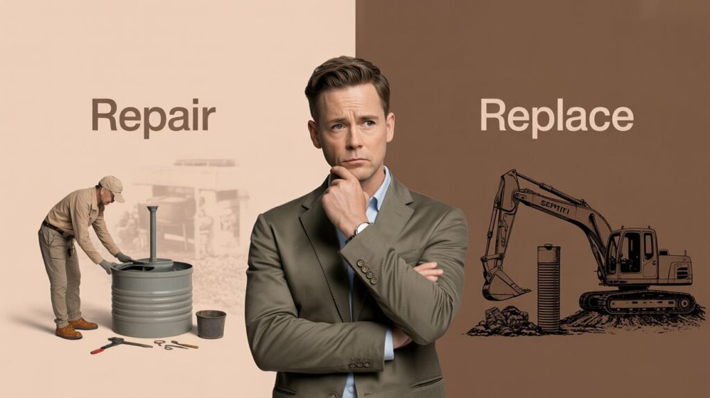 A photograph of a contemplative man in a business casual suit standing centered against a split-background illustration. He has short, neatly styled brown hair and a slightly furrowed brow, his hand gently resting on his chin as he gazes directly forward, conveying a sense of careful consideration. To his left, the space is labeled with "REPAIR" in a clean sans-serif font, subtly incorporating blurred imagery of a septic technician inspecting a tank and scattered tools, all set against a soft light brown backdrop. On his right, the area is labeled "REPLACE" in the same font, accompanied by faint illustrations of an excavator and a new septic tank being installed, against a darker brown background, visually representing the two options before him. A photograph of a contemplative man in a business casual suit standing centered against a split-background illustration. He has short, neatly styled brown hair and a slightly furrowed brow, his hand gently resting on his chin as he gazes directly forward, conveying a sense of careful consideration. To his left, the space is labeled with "REPAIR" in a clean sans-serif font, subtly incorporating blurred imagery of a septic technician inspecting a tank and scattered tools, all set against a soft light brown backdrop. On his right, the area is labeled "REPLACE" in the same font, accompanied by faint illustrations of an excavator and a new septic tank being installed, against a darker brown background, visually representing the two options before him.