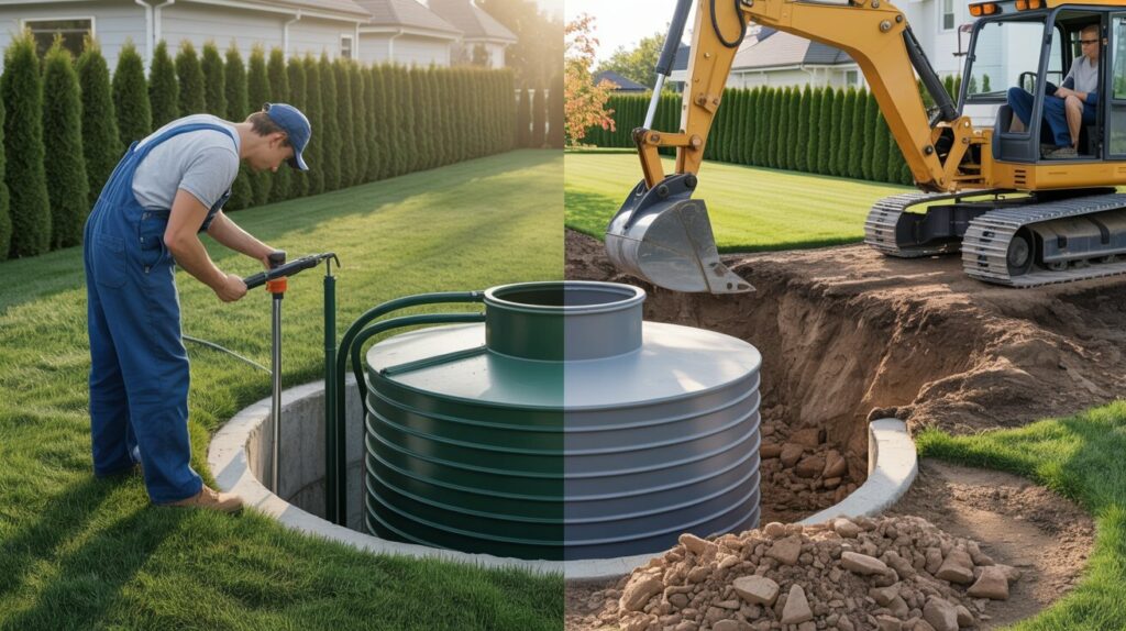 A photograph showing a split-screen comparison of septic tank repair and replacement options. On the left side, a technician in blue overalls is inspecting a septic tank with specialized tools, while on the right side a backhoe is excavating a new tank. Both scenes are set in a suburban backyard with green grass and neatly trimmed hedges, emphasizing the contrasting scale and disruption of each process. Soft sunlight illuminates the scene, casting subtle shadows and highlighting the different approaches to septic system maintenance. A photograph showing a split-screen comparison of septic tank repair and replacement options. On the left side, a technician in blue overalls is inspecting a septic tank with specialized tools, while on the right side a backhoe is excavating a new tank. Both scenes are set in a suburban backyard with green grass and neatly trimmed hedges, emphasizing the contrasting scale and disruption of each process. Soft sunlight illuminates the scene, casting subtle shadows and highlighting the different approaches to septic system maintenance.