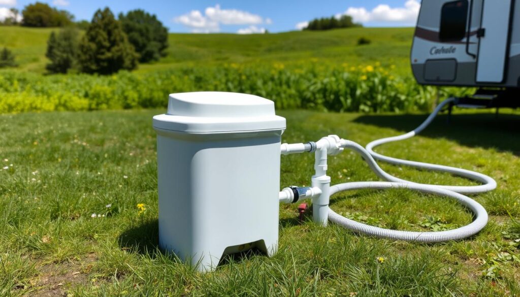 A pristine, well-maintained septic treatment system for an RV, situated in a serene, grassy outdoor setting. The system features a sleek, modern design with clean lines and a compact form factor. The foreground showcases the treatment tank, its surface gently reflecting the sunlight. In the middle ground, neatly arranged hoses and connections lead to the tank, while the background depicts a lush, verdant landscape with a clear blue sky overhead, conveying a sense of harmony and environmentally-friendly living. The scene is captured with a crisp, high-resolution lens, with natural lighting casting subtle shadows and highlights to accentuate the system's functionality and integration with the surrounding nature. A pristine, well-maintained septic treatment system for an RV, situated in a serene, grassy outdoor setting. The system features a sleek, modern design with clean lines and a compact form factor. The foreground showcases the treatment tank, its surface gently reflecting the sunlight. In the middle ground, neatly arranged hoses and connections lead to the tank, while the background depicts a lush, verdant landscape with a clear blue sky overhead, conveying a sense of harmony and environmentally-friendly living. The scene is captured with a crisp, high-resolution lens, with natural lighting casting subtle shadows and highlights to accentuate the system's functionality and integration with the surrounding nature.