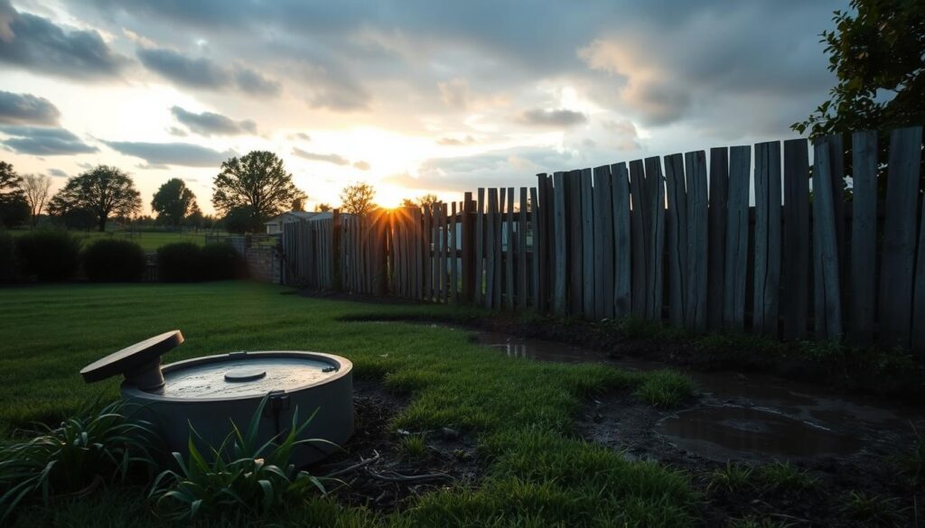 A rural backyard at dusk, the soft glow of a setting sun casting long shadows over a manicured lawn. In the foreground, a septic system tank, its lid askew, emitting a faint odor. Surrounding it, patches of waterlogged soil, lush with overgrown weeds and a smattering of slimy puddles. The middle ground features a dilapidated wooden fence, its weathered boards warped and cracked, barely containing the overflow of sewage seeping through. In the distance, a heavy cloud cover obscures the horizon, hinting at the impending storm that has overwhelmed the system. The scene evokes a sense of unease and environmental degradation, a warning of the consequences of neglected septic maintenance.