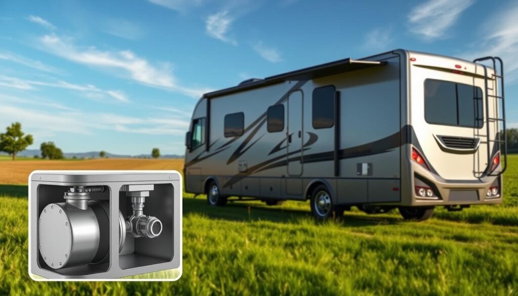 A sleek, modern RV parked in a lush, countryside setting, with a focus on the vehicle's septic treatment system. In the foreground, a cutaway view showcases the various components - the holding tank, valve, and drainage pipes - all rendered in precise detail. The midground features a grassy, rolling landscape with a few trees, casting natural shadows over the RV. The background depicts a clear, blue sky with wispy clouds, creating a serene and picturesque atmosphere. The lighting is soft and diffused, highlighting the metallic surfaces and lending a sense of tranquility to the scene. The camera angle is slightly elevated, providing an overview of the RV's septic treatment setup, conveying a sense of technical expertise and functionality. A sleek, modern RV parked in a lush, countryside setting, with a focus on the vehicle's septic treatment system. In the foreground, a cutaway view showcases the various components - the holding tank, valve, and drainage pipes - all rendered in precise detail. The midground features a grassy, rolling landscape with a few trees, casting natural shadows over the RV. The background depicts a clear, blue sky with wispy clouds, creating a serene and picturesque atmosphere. The lighting is soft and diffused, highlighting the metallic surfaces and lending a sense of tranquility to the scene. The camera angle is slightly elevated, providing an overview of the RV's septic treatment setup, conveying a sense of technical expertise and functionality.
