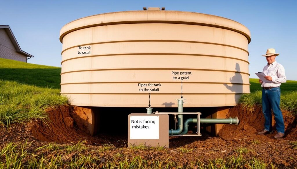 A spacious underground septic tank, its concrete walls and baffles clearly visible, set against a backdrop of lush green grass and a clear blue sky. In the foreground, a person stands next to the tank, holding a clipboard and pointing to various components, illustrating common sizing mistakes - a tank that is too small, pipes that are incorrectly angled, and a system that is not properly leveled. The scene is illuminated by warm, natural lighting, captured from a slightly elevated angle to provide a comprehensive view of the system's layout and potential issues. The overall tone is one of educational clarity, guiding the viewer through the complexities of proper septic tank sizing. A spacious underground septic tank, its concrete walls and baffles clearly visible, set against a backdrop of lush green grass and a clear blue sky. In the foreground, a person stands next to the tank, holding a clipboard and pointing to various components, illustrating common sizing mistakes - a tank that is too small, pipes that are incorrectly angled, and a system that is not properly leveled. The scene is illuminated by warm, natural lighting, captured from a slightly elevated angle to provide a comprehensive view of the system's layout and potential issues. The overall tone is one of educational clarity, guiding the viewer through the complexities of proper septic tank sizing.