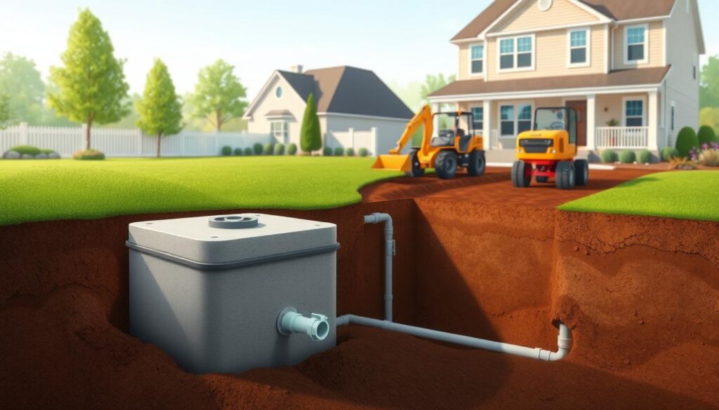 A well-lit, detailed illustration showcasing the installation process of a residential septic tank system. The foreground features the septic tank itself, its concrete structure and connections for pipes. The middle ground shows the excavation site, with workers operating machinery to prepare the ground for the tank's placement. In the background, a neatly trimmed lawn and a two-story suburban home provide context. The scene is captured from a slight side angle, allowing viewers to appreciate the scale and complexity of the installation. The overall mood is informative and practical, conveying the technical aspects of this common home infrastructure project. A well-lit, detailed illustration showcasing the installation process of a residential septic tank system. The foreground features the septic tank itself, its concrete structure and connections for pipes. The middle ground shows the excavation site, with workers operating machinery to prepare the ground for the tank's placement. In the background, a neatly trimmed lawn and a two-story suburban home provide context. The scene is captured from a slight side angle, allowing viewers to appreciate the scale and complexity of the installation. The overall mood is informative and practical, conveying the technical aspects of this common home infrastructure project.