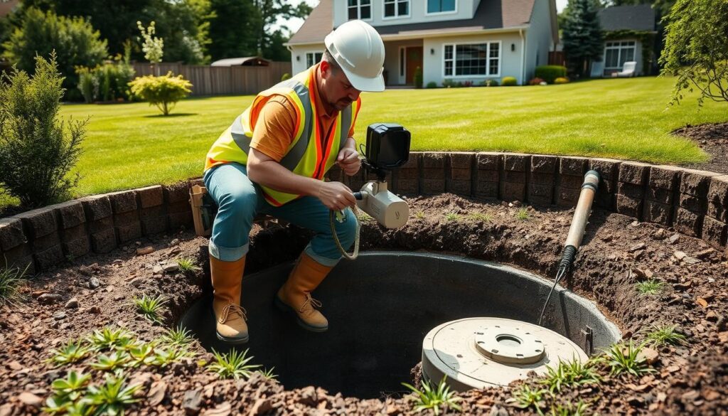 A well-lit, high-resolution image of a professional septic tank inspection in progress. The foreground shows a construction worker wearing a hard hat, reflective vest, and rubber boots, carefully examining the septic tank's interior using a specialized inspection camera. The middle ground depicts the surrounding yard, with lush greenery and a neatly manicured lawn. In the background, a modern residential home stands, suggesting the location of the septic system. The overall scene conveys a sense of diligence and attention to detail, reflecting the importance of the inspection process. A well-lit, high-resolution image of a professional septic tank inspection in progress. The foreground shows a construction worker wearing a hard hat, reflective vest, and rubber boots, carefully examining the septic tank's interior using a specialized inspection camera. The middle ground depicts the surrounding yard, with lush greenery and a neatly manicured lawn. In the background, a modern residential home stands, suggesting the location of the septic system. The overall scene conveys a sense of diligence and attention to detail, reflecting the importance of the inspection process.