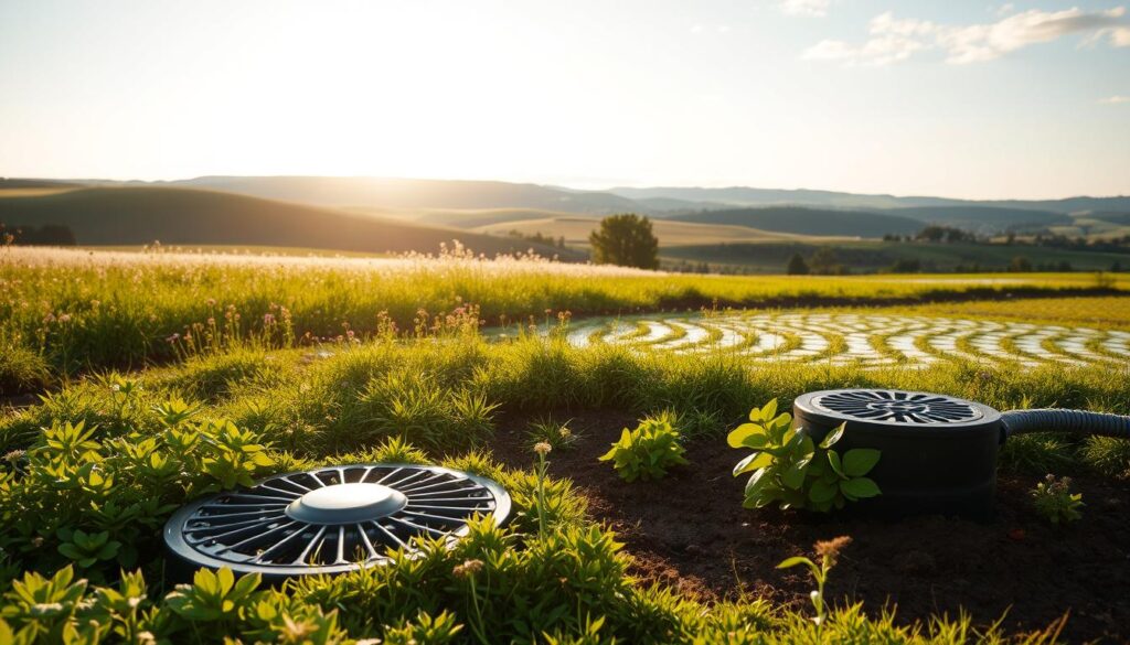 A well-maintained septic system surrounded by lush greenery, with a septic tank cover in the foreground and an array of healthy, thriving plants. The middle ground features a field of wildflowers and a clear, bubbling effluent drainage field. In the background, a serene, sun-dappled landscape with rolling hills and a cloudless sky. The image conveys a sense of balance, harmony, and the restorative power of a properly functioning septic system. Warm, natural lighting illuminates the scene, creating a calming and inviting atmosphere. A well-maintained septic system surrounded by lush greenery, with a septic tank cover in the foreground and an array of healthy, thriving plants. The middle ground features a field of wildflowers and a clear, bubbling effluent drainage field. In the background, a serene, sun-dappled landscape with rolling hills and a cloudless sky. The image conveys a sense of balance, harmony, and the restorative power of a properly functioning septic system. Warm, natural lighting illuminates the scene, creating a calming and inviting atmosphere.