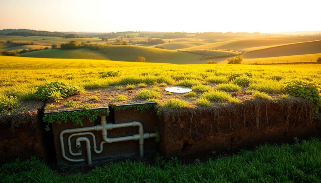 A well-maintained septic system, with its lush greenery and harmonious integration into the natural landscape. In the foreground, a cross-section view showcases the inner workings - the sturdy septic tank, the intricate network of distribution pipes, and the thriving drain field. The middle ground features alternative solutions, such as a raised mound system, a constructed wetland, or an aerobic treatment unit, each blending seamlessly into the serene, rural setting. The background is a panoramic view of a rolling, verdant countryside, bathed in warm, golden sunlight, conveying a sense of balance and environmental stewardship. A well-maintained septic system, with its lush greenery and harmonious integration into the natural landscape. In the foreground, a cross-section view showcases the inner workings - the sturdy septic tank, the intricate network of distribution pipes, and the thriving drain field. The middle ground features alternative solutions, such as a raised mound system, a constructed wetland, or an aerobic treatment unit, each blending seamlessly into the serene, rural setting. The background is a panoramic view of a rolling, verdant countryside, bathed in warm, golden sunlight, conveying a sense of balance and environmental stewardship.