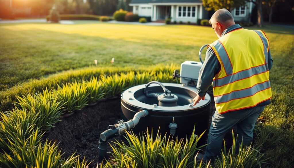 A well-maintained septic tank surrounded by lush green grass, with a technician in a safety vest inspecting the system. The scene is illuminated by soft, natural lighting, creating a serene and informative atmosphere. In the background, a neatly trimmed lawn and a picturesque suburban home provide context, while the foreground focuses on the essential components of the septic tank and the technician's task. The image conveys the importance of proper septic tank maintenance, a critical aspect of sustainable home infrastructure. A well-maintained septic tank surrounded by lush green grass, with a technician in a safety vest inspecting the system. The scene is illuminated by soft, natural lighting, creating a serene and informative atmosphere. In the background, a neatly trimmed lawn and a picturesque suburban home provide context, while the foreground focuses on the essential components of the septic tank and the technician's task. The image conveys the importance of proper septic tank maintenance, a critical aspect of sustainable home infrastructure.