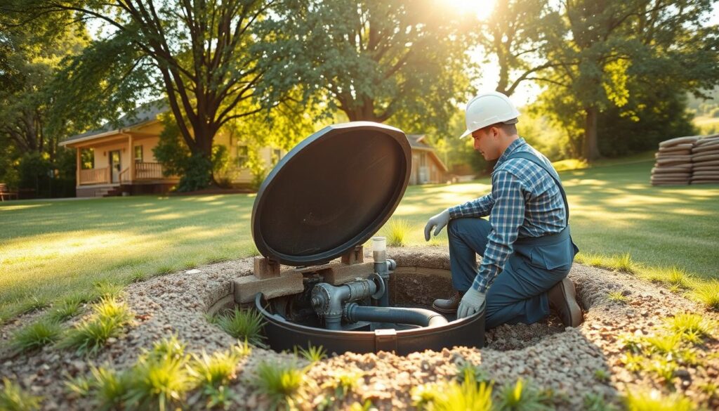 A well-maintained septic tank, with a technician inspecting the system in a peaceful, rural setting. The technician, wearing a hard hat and overalls, kneels next to the open tank, carefully examining the components. Sunlight filters through lush trees, casting a warm glow over the scene. In the background, a well-kept lawn and a neatly stacked pile of soil or gravel convey a sense of order and diligence. The image emphasizes the importance of regular septic tank maintenance to ensure efficient and long-lasting waste disposal for a home. A well-maintained septic tank, with a technician inspecting the system in a peaceful, rural setting. The technician, wearing a hard hat and overalls, kneels next to the open tank, carefully examining the components. Sunlight filters through lush trees, casting a warm glow over the scene. In the background, a well-kept lawn and a neatly stacked pile of soil or gravel convey a sense of order and diligence. The image emphasizes the importance of regular septic tank maintenance to ensure efficient and long-lasting waste disposal for a home.