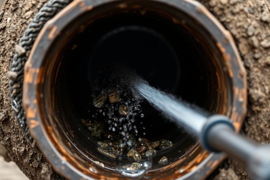 Hydro-jetting equipment clearing clogged septic pipes Hydro-jetting equipment clearing clogged septic pipes