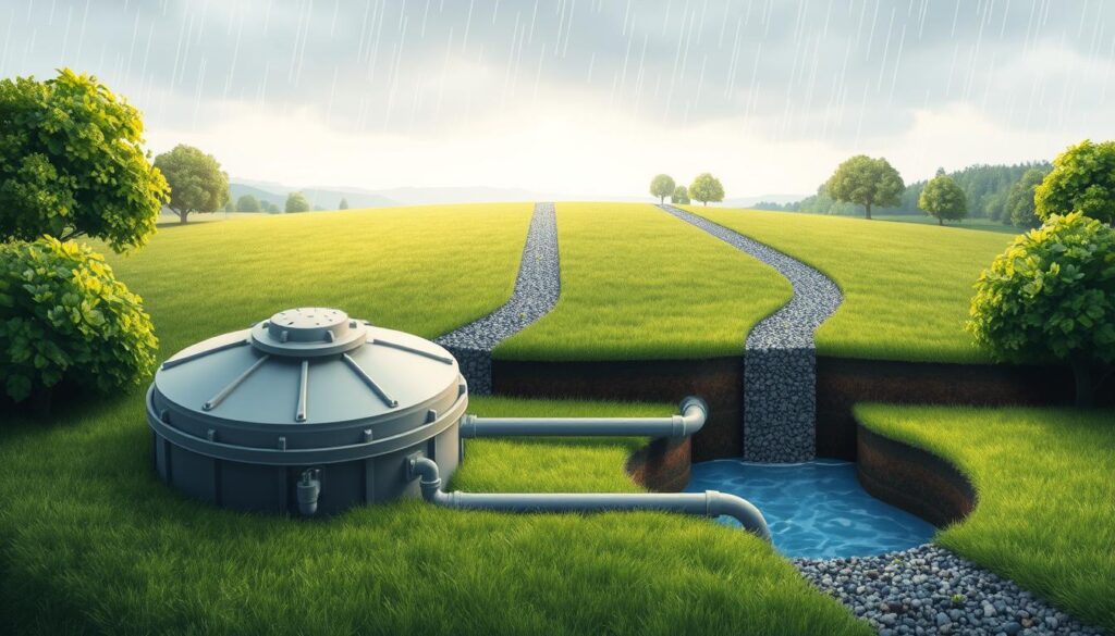 Septic system flood prevention: A meticulously detailed illustration showcasing a well-designed septic tank system, surrounded by lush greenery and a tranquil landscape. The foreground features a sturdy, weatherproof cover atop the septic tank, with drainage pipes and valves visible, indicating a robust and reliable system. The middle ground depicts a grassy, gently sloping field, dotted with strategically placed drainage ditches and gravel-lined swales, channeling excess water away from the critical components. In the background, a serene sky with soft, diffused lighting creates a calming, reassuring atmosphere, emphasizing the importance of proactive measures to safeguard the septic system from the devastating effects of heavy rain and flooding.