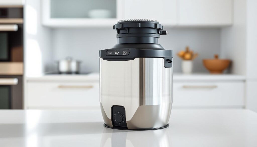 Septic tank friendly garbage disposal, set against a clean, modern kitchen backdrop. Sleek stainless steel appliance with intuitive controls, seamlessly integrated into the countertop. Bright, natural lighting illuminates the scene, showcasing the unit's efficient design and minimalist aesthetic. The garbage disposal's compact profile blends harmoniously with the kitchen's crisp, uncluttered ambiance. Subtle highlights draw attention to the appliance's durable construction and septic-safe functionality. An air of practicality and environmental consciousness pervades the composition, inviting the viewer to envision a kitchen that balances convenience with eco-friendly sensibilities.