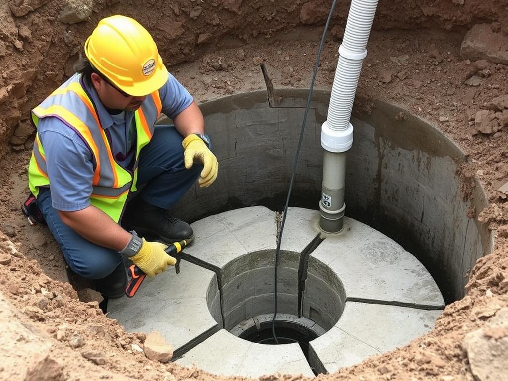 Technician repairing a cracked septic tank