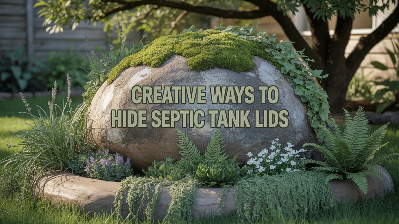 A photograph of a cleverly disguised septic tank lid seamlessly integrated into a lush, natural garden setting. The lid itself is camouflaged to resemble a large, weathered stone, partially covered with vibrant green moss and trailing ivy, with “Creative Ways to Hide Septic Tank Lids” in bold, rounded, environmental-style font subtly etched into the stone's surface. Surrounding the disguised lid are various ornamental plants and flowers—including lavender and ferns—arranged to further conceal the lid and enhance the natural aesthetic, all softly lit by dappled sunlight filtering through the canopy of a nearby tree. The overall scene evokes a sense of tranquility and ingenuity, blending functionality with a beautiful garden design.
