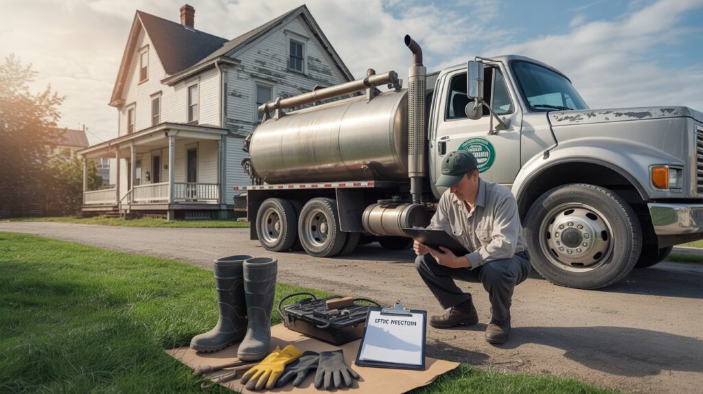A large septic truck parked next to an older home, the driver in uniform inspecting the septic system's access point. Sunlight streams through clouds, casting warm shadows across the scene. The truck's hydraulic pumping arm extends towards the ground, ready to extract the tank's contents. In the foreground, rubber boots, gloves, and tools are neatly arranged, signaling the urgency of the repair. The home's landscaping is well-maintained, hinting at the property owner's diligence. The overall mood conveys a sense of necessary action to resolve an inconvenient but essential maintenance issue. A large septic truck parked next to an older home, the driver in uniform inspecting the septic system's access point. Sunlight streams through clouds, casting warm shadows across the scene. The truck's hydraulic pumping arm extends towards the ground, ready to extract the tank's contents. In the foreground, rubber boots, gloves, and tools are neatly arranged, signaling the urgency of the repair. The home's landscaping is well-maintained, hinting at the property owner's diligence. The overall mood conveys a sense of necessary action to resolve an inconvenient but essential maintenance issue.