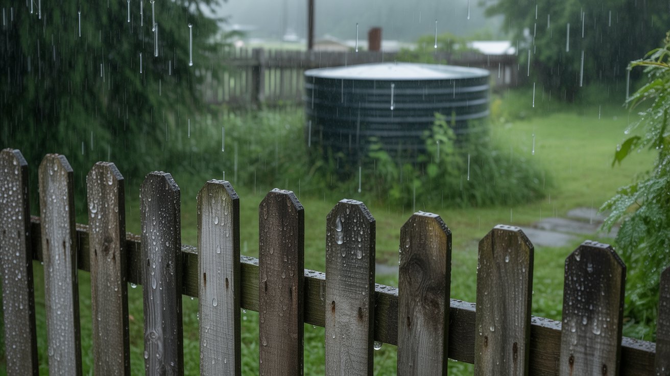 A photograph of a weathered wooden fence drenched in heavy rainfall, standing as the primary focus of the scene. Raindrops cling to the fence slats, blurring the view beyond, and the wood exhibits a greyish-brown hue with visible grain. In the blurred background, a cylindrical septic tank sits partially obscured by overgrown weeds and foliage, hinting at a rural setting. Soft, diffused lighting from the overcast sky casts a melancholic mood across the backyard, highlighting the textures of the wet wood and foliage.