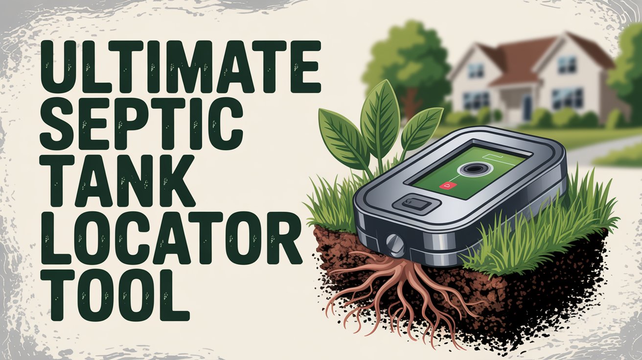 A Pinterest pin featuring "Ultimate Septic Tank Locator Tool" in bold, slightly distressed green font with a subtle textured background. A detailed, realistic illustration of a modern, metallic locator device rests on a patch of green grass, highlighting its digital display screen showing a septic tank location. Surrounding the device are stylized depictions of healthy roots and rich soil, with a blurred image of a suburban house visible in the soft-focus background, establishing an environmental theme. The overall design uses a palette of earthy greens, browns, and metallic silver to convey reliability and eco-friendliness.