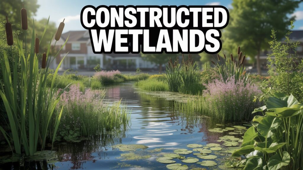 A Pinterest-style graphic showcasing "Constructed Wetlands" with an environmental and bold font treatment. The main focus is a vibrant, thriving constructed wetland ecosystem featuring diverse plant life, including cattails, reeds, and flowering plants, surrounding a clear, gently flowing stream. Sunlight filters through the foliage, creating dappled patterns on the water and highlighting the lush greenery, with a subtle reflection of the sky in the water's surface. In the background, a blurred image depicts a residential area seamlessly integrated with the wetland, showcasing a harmonious blend of nature and urban development.
