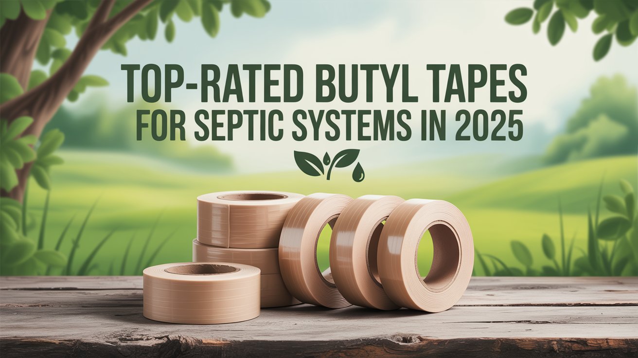 A product shot advertisement for "Top-Rated Butyl Tapes for Septic Systems in 2025" features a neatly arranged selection of butyl tape rolls on a weathered wooden surface, illuminated by soft, diffused natural light that highlights the tape's texture and adhesive properties. The background depicts a subtly blurred, lush green landscape with hints of a rural septic system setup, establishing the product's application context while maintaining a clean focus on the tapes, accented by a shallow depth of field. Bold, environmentally-themed font displays the title "Top-Rated Butyl Tapes for Septic Systems in 2025" across the top, alongside a small logo of a stylized leaf and drop, creating a trustworthy and eco-conscious aesthetic that appeals to environmentally aware homeowners. The overall mood is clean, reliable, and informative, conveying quality and expertise in septic system maintenance with a professional and approachable style.