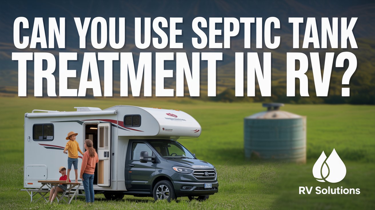 A visually engaging lifestyle Pinterest pin advertisement centered around the question "Can You Use Septic Tank Treatment in RV?", featuring a modern RV parked alongside a lush green field with a subtle, blurred image of a septic tank in the background. The composition highlights a family enjoying outdoor activities, subtly implying the convenience and reliability of using septic tank treatment in their RV, with the bold, environmentally-themed fonts used for the title prominently displayed at the top. The pin incorporates earthy tones and natural lighting, with the text "RV SOLUTIONS" and a small logo of a stylized droplet subtly positioned in the corner, creating a clean, inviting aesthetic that resonates with adventurous RV enthusiasts seeking simple solutions for their waste management needs.