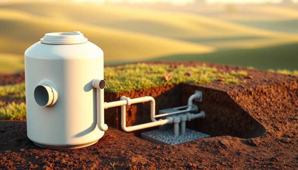 A detailed bio septic tank design showcased in a well-lit, high-resolution 3D rendering. The foreground features the tank's sleek, cylindrical shape with clearly visible inlet and outlet pipes, as well as the access hatch on the top. The middle ground depicts the underground structure, including the septic distribution system and the surrounding soil. In the background, a softly blurred landscape sets the scene, conveying a serene, natural environment. The lighting is warm and natural, casting subtle shadows that enhance the depth and dimensionality of the design. The overall mood is informative and technical, highlighting the thoughtful engineering behind this eco-friendly wastewater management solution. A detailed bio septic tank design showcased in a well-lit, high-resolution 3D rendering. The foreground features the tank's sleek, cylindrical shape with clearly visible inlet and outlet pipes, as well as the access hatch on the top. The middle ground depicts the underground structure, including the septic distribution system and the surrounding soil. In the background, a softly blurred landscape sets the scene, conveying a serene, natural environment. The lighting is warm and natural, casting subtle shadows that enhance the depth and dimensionality of the design. The overall mood is informative and technical, highlighting the thoughtful engineering behind this eco-friendly wastewater management solution.
