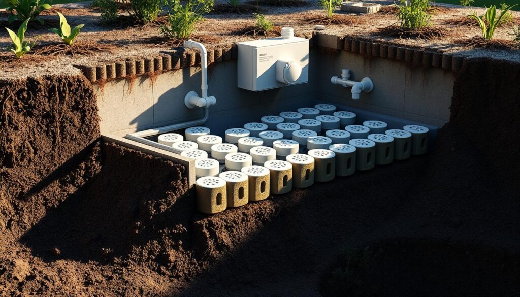 A detailed cross-section of a modern chamber septic system design, showcasing its key components and layout. The scene is illuminated by soft, diffused lighting, casting gentle shadows and highlights across the various elements. The foreground features the septic tank, its concrete walls and baffles visible, while the middle ground showcases the distribution box and the network of perforated chamber units stretching out into the leach field. The background depicts the surrounding soil, roots, and vegetation, suggesting the natural integration of the system into the landscape. Precise technical details are visible, including the inlet and outlet pipes, the access hatches, and the slope of the leach field, conveying the thoughtful engineering behind this sustainable wastewater treatment solution. A detailed cross-section of a modern chamber septic system design, showcasing its key components and layout. The scene is illuminated by soft, diffused lighting, casting gentle shadows and highlights across the various elements. The foreground features the septic tank, its concrete walls and baffles visible, while the middle ground showcases the distribution box and the network of perforated chamber units stretching out into the leach field. The background depicts the surrounding soil, roots, and vegetation, suggesting the natural integration of the system into the landscape. Precise technical details are visible, including the inlet and outlet pipes, the access hatches, and the slope of the leach field, conveying the thoughtful engineering behind this sustainable wastewater treatment solution.