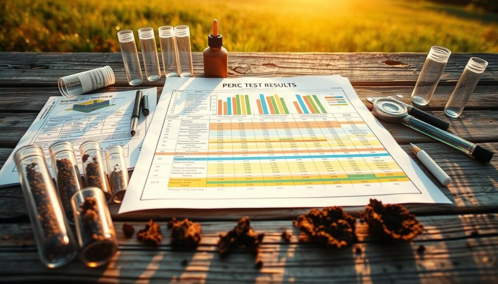 A detailed perc test results report laid out on a weathered wooden surface, illuminated by warm natural lighting. In the foreground, various soil samples, test tubes, and scientific instruments are neatly arranged, conveying the meticulous process of evaluating the percolation rate of the soil. In the middle ground, a comprehensive chart or diagram outlines the test findings, including numerical data and color-coded visualizations to indicate the suitability of the soil for septic system installation. The background features a serene, pastoral landscape, hinting at the implications of the perc test results for the property's development potential. A detailed perc test results report laid out on a weathered wooden surface, illuminated by warm natural lighting. In the foreground, various soil samples, test tubes, and scientific instruments are neatly arranged, conveying the meticulous process of evaluating the percolation rate of the soil. In the middle ground, a comprehensive chart or diagram outlines the test findings, including numerical data and color-coded visualizations to indicate the suitability of the soil for septic system installation. The background features a serene, pastoral landscape, hinting at the implications of the perc test results for the property's development potential.