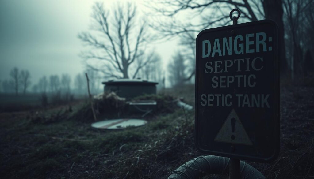 A dimly lit scene of a rural septic system, with ominous warning signs prominently displayed. In the foreground, a rusted metal sign reading "DANGER: SEPTIC TANK" casts an eerie shadow on the ground. In the middle ground, overgrown grass and weeds partially obscure the concrete septic tank lid, hinting at potential issues. The background is hazy, with a cloudy sky and bare trees, creating a sense of foreboding. The lighting is muted, creating a somber and unsettling atmosphere, emphasizing the potential hazards of the septic system. The image should convey a sense of neglect and the need for vigilance regarding the maintenance and safety of the septic system.