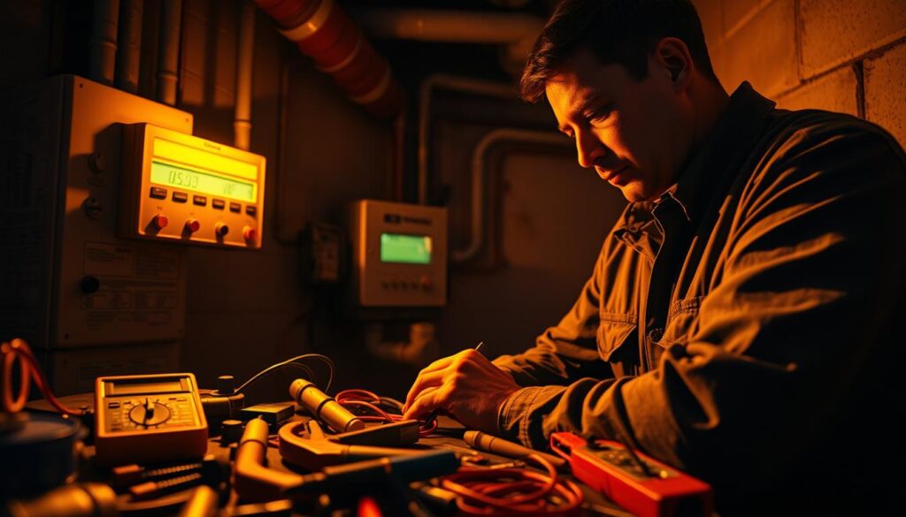 A technician examining a septic alarm system, the foreground filled with various tools and equipment like a multimeter, screwdrivers, and a wire clamp. The middle ground shows the septic alarm control panel with status lights and buttons, the background a dimly lit utility room with concrete walls and exposed pipes. Warm task lighting casts dramatic shadows, creating an atmosphere of troubleshooting and problem-solving. The scene conveys a sense of focused investigation as the technician methodically diagnoses the septic alarm issue. A technician examining a septic alarm system, the foreground filled with various tools and equipment like a multimeter, screwdrivers, and a wire clamp. The middle ground shows the septic alarm control panel with status lights and buttons, the background a dimly lit utility room with concrete walls and exposed pipes. Warm task lighting casts dramatic shadows, creating an atmosphere of troubleshooting and problem-solving. The scene conveys a sense of focused investigation as the technician methodically diagnoses the septic alarm issue.